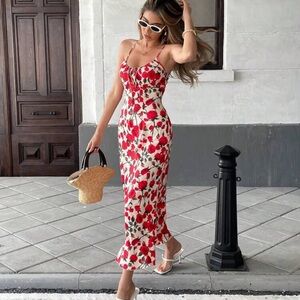 Pariaura Women's Elegant Floral Rose Print Sleeveless Dress, Summer